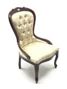 Victorian style beech framed bedroom chair upholstered in cream damask fabric