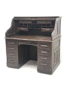 Late 19th/early 20th century oak 'S' shaped tambour roll top desk, fitted interior, eight drawers,