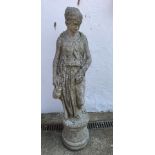 Composite stone figure of classical style woman carrying jug on plinth, H99cm
