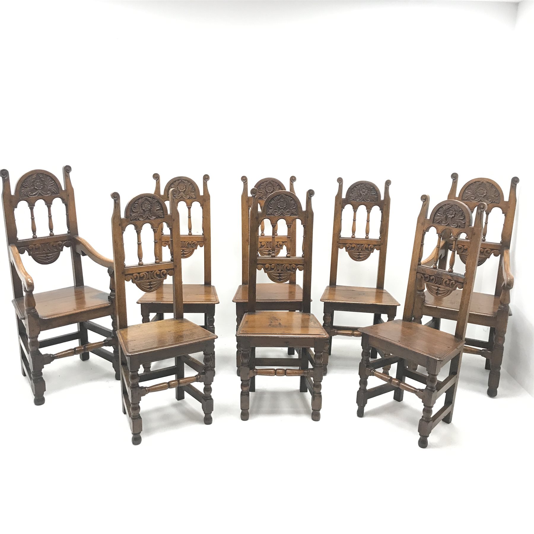 Set eight (6+2) early 20th century oak dining chairs, floral carved cresting rail, solid seat, turn - Image 2 of 5
