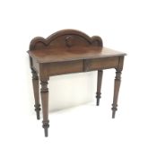 Victorian mahogany side table, shaped raised back, two drawers, turned supports, W92cm, H98cm, D45c