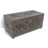 Eastern carved camphor wood blanket box depicting urban scene, W94cm, H49cm, D45cm