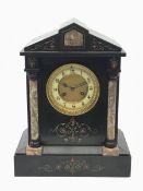 Victorian black slate mantel clock, stepped sloping pediment with marble inset, marble half column p