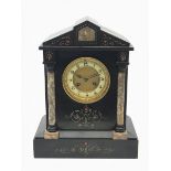 Victorian black slate mantel clock, stepped sloping pediment with marble inset, marble half column p