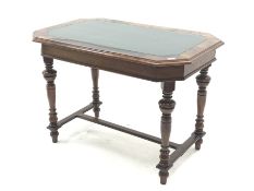 19th century walnut table, the canted moulded top with leather insert, four turned supports connecte