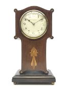 Art Nouveau inlaid mahogany serpentine top mantel timepiece, the convex white enamel Arabic dial si