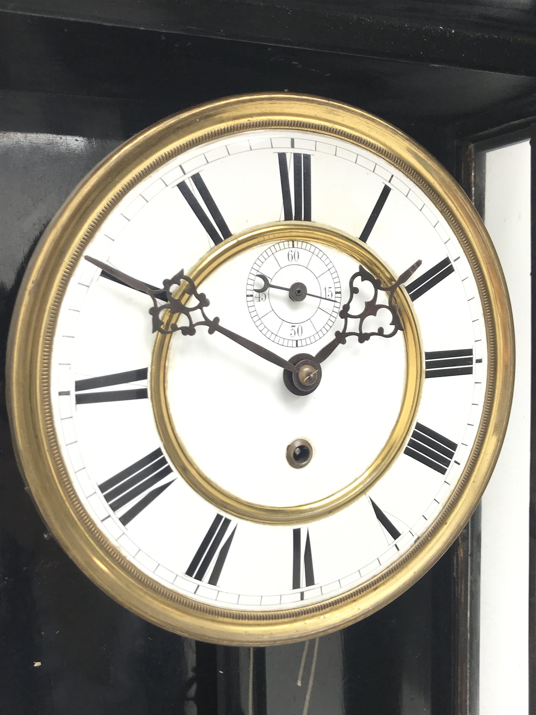 Early 20th century Vienna type regulator wall clock in ebonised case, circular Roman enamel dial wit - Image 4 of 5
