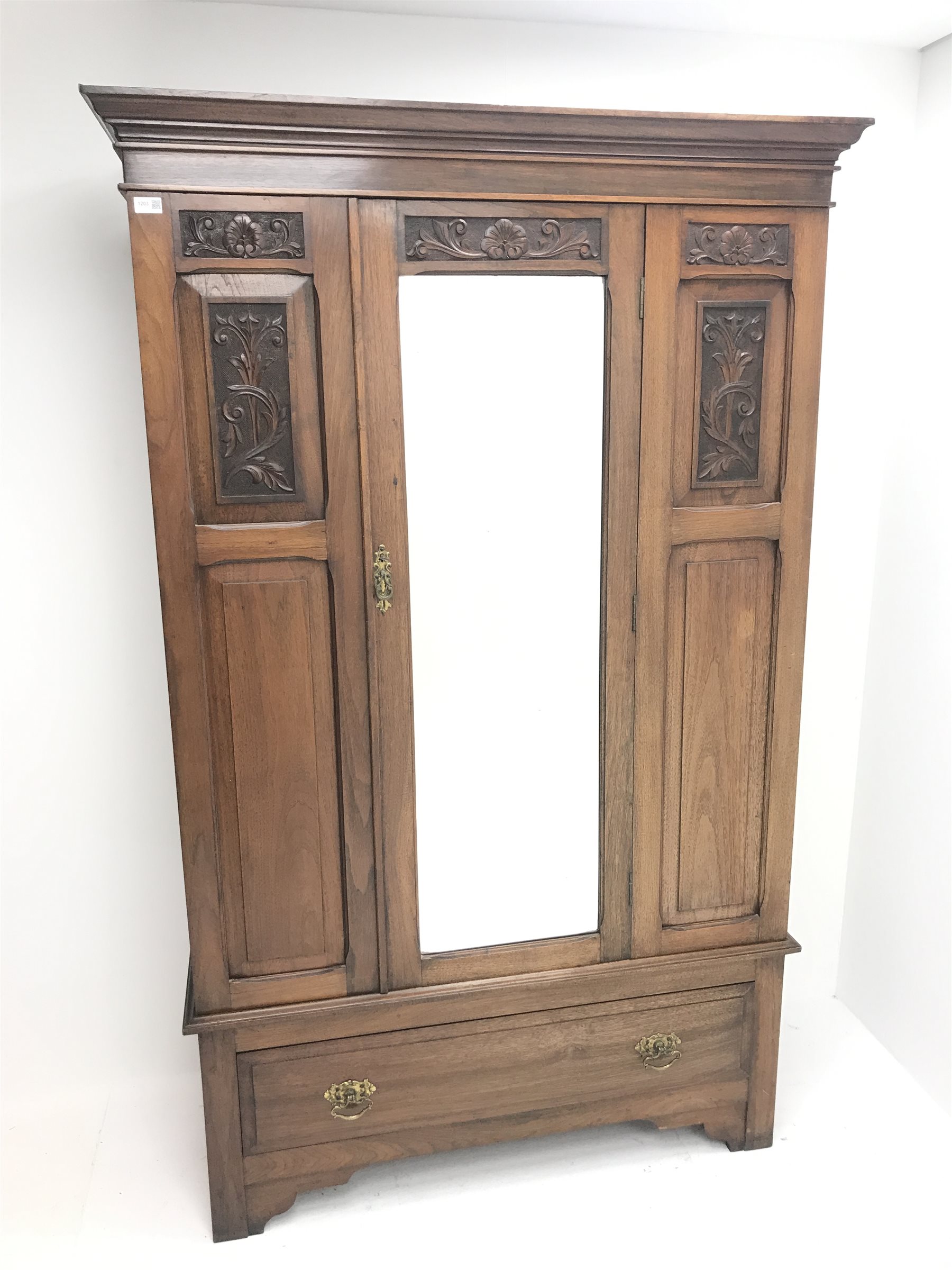 Edwardian walnut single mirror door wardrobe with base drawer, W114cm, D45cm