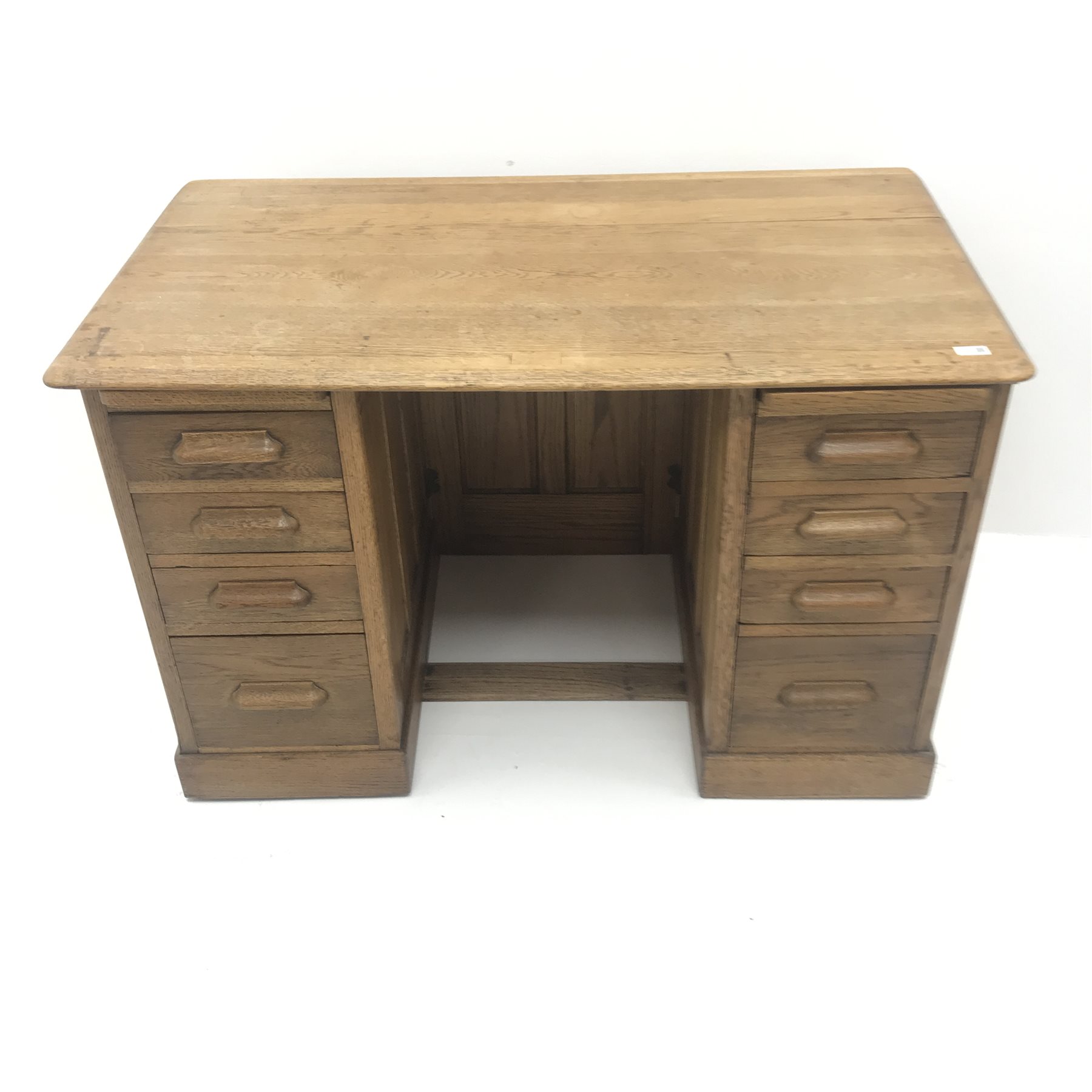 Vintage oak twin pedestal desk, two slides, eight drawers, plinth base, W122cm, H78cm, D68cm - Image 3 of 5