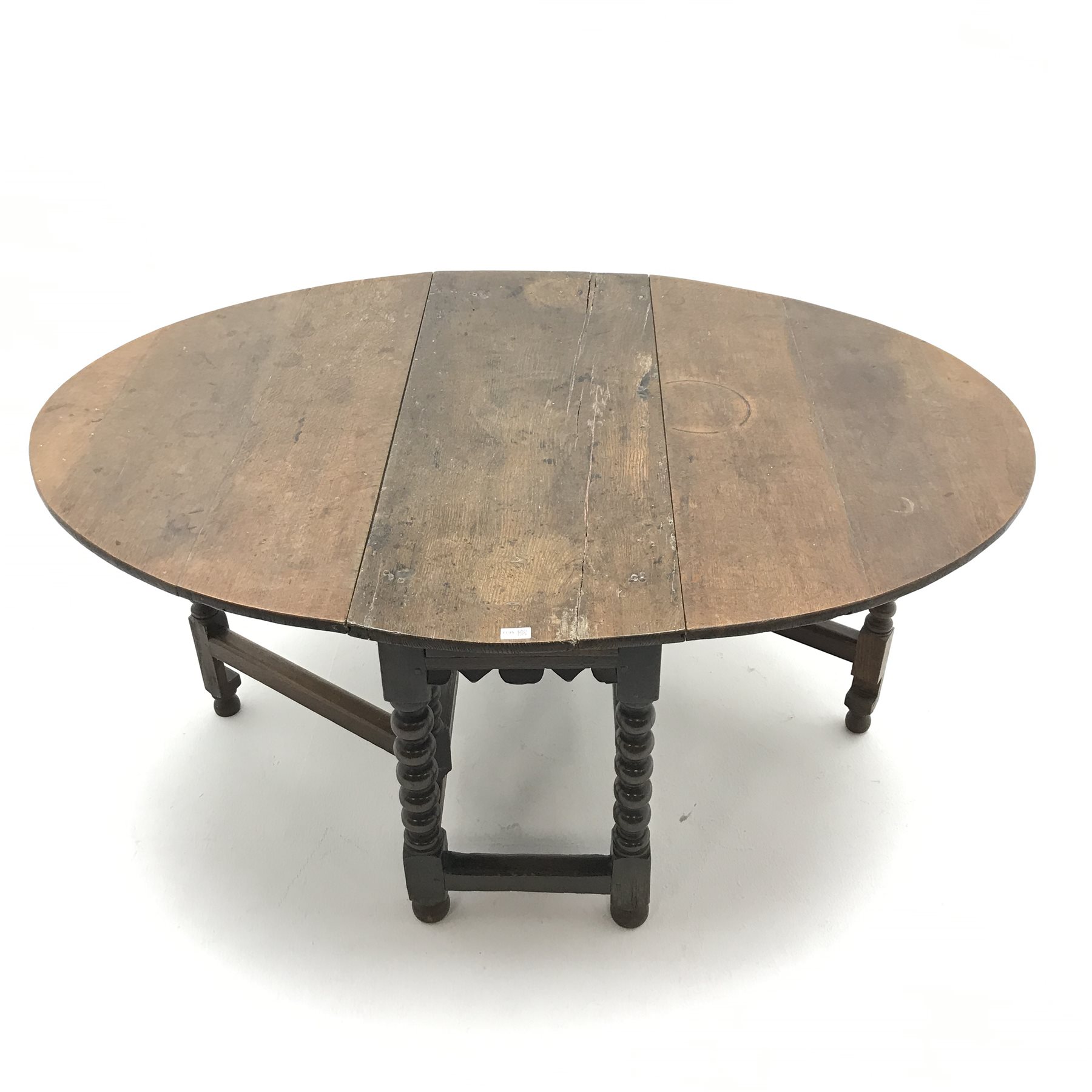 18th century oval oak drop leaf table, bobbin supports, gate leg action, W162cm72cm, D119cm - Image 3 of 8