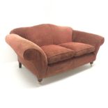 Multi-York three seat sofa, shaped back, scrolling arms, turned supports on castors, W185cm