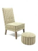 Beech framed nursing chair upholstered in buttoned green striped fabric with matching circular foots