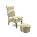 Beech framed nursing chair upholstered in buttoned green striped fabric with matching circular foots