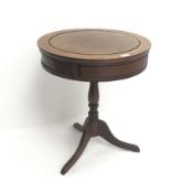 Chinese rosewood circular drum table, two drawers, turned column on sabre supports, D54cm, H63cm