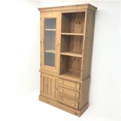 Solid pine bookcase cabinet, single glazed door, four shelves, three drawers, single cupboard, plin