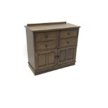 Medium oak side cabinet, raised back, four drawers above two cupboards, W85cm, H86cm, D43cm