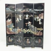 Chinese black lacquered four panel screen with engraved decoration, H183cm, W43cm per panel