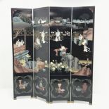 Chinese black lacquered four panel screen with engraved decoration, H183cm, W43cm per panel