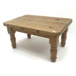 Solid pine rectangular coffee table, turned supports, W91cm, H48cm, D62cm