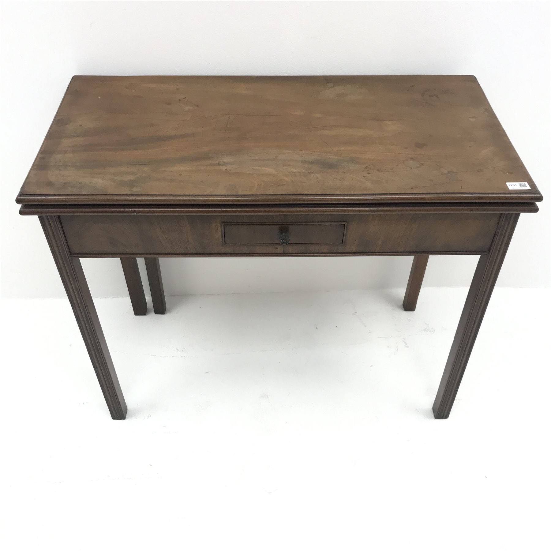 Georgian mahogany fold-over card table, single drawer, square reeded supports, W92cm, H73cm, D90cm - Image 2 of 4