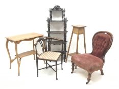 Victorian mahogany framed nursing chair, Edwardian satin walnut two tier table, 20th century five t