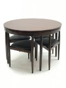 Hans Olsen for Frem Rojle - circular teak table and set four nesting chairs with vinyl upholstered s