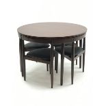 Hans Olsen for Frem Rojle - circular teak table and set four nesting chairs with vinyl upholstered s