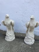 Pair composite stone Eagles on rocky base, H59cm