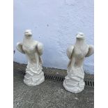 Pair composite stone Eagles on rocky base, H59cm