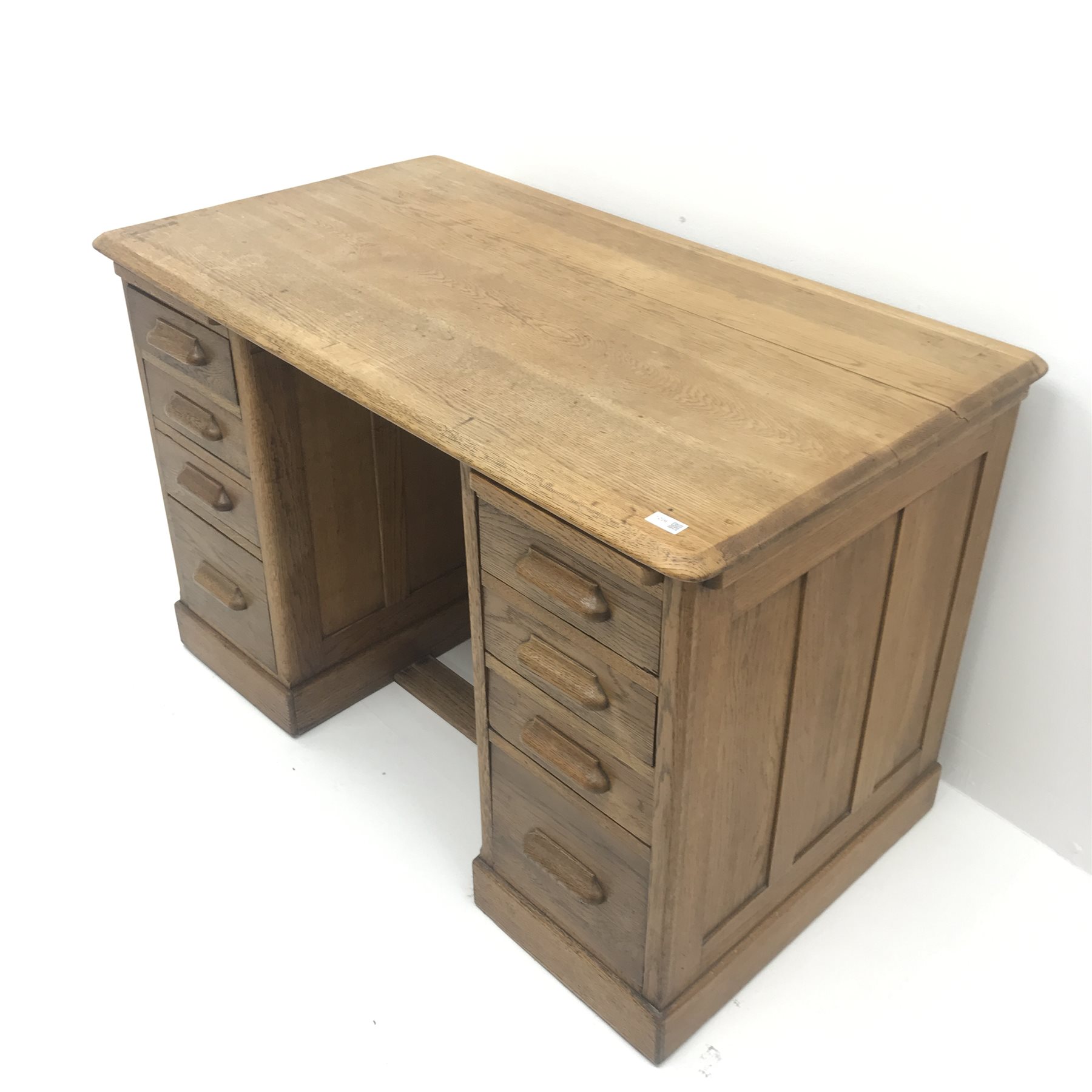 Vintage oak twin pedestal desk, two slides, eight drawers, plinth base, W122cm, H78cm, D68cm - Image 2 of 5