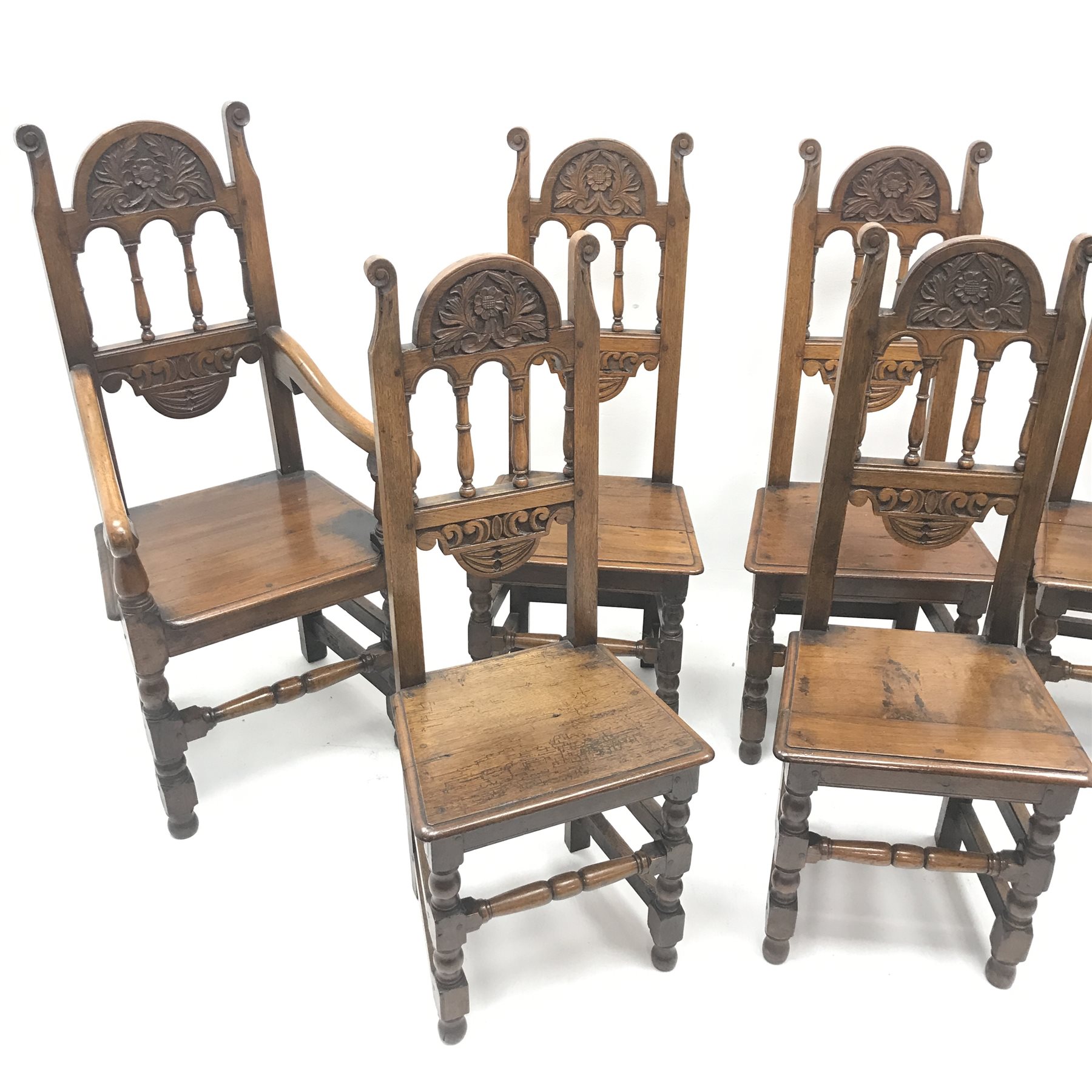Set eight (6+2) early 20th century oak dining chairs, floral carved cresting rail, solid seat, turn - Image 3 of 5