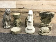 Collection of various stone and composite stone garden ornaments including; cat figure, stone two pi