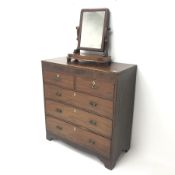 Early 19th century inlaid mahogany chest, two short and three long drawers, shaped bracket supports