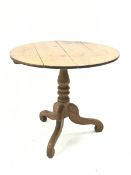 19th century pedestal table with circular pine tilt top, turned column with three outsplayed suppor