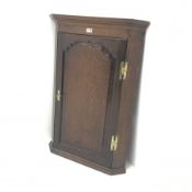 19th century oak corner cupboard, projecting cornice, single door enclosing two shaped shelves, W68