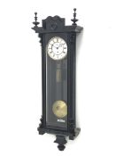 Early 20th century Vienna type regulator wall clock in ebonised case, circular Roman enamel dial wit