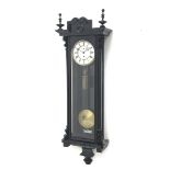 Early 20th century Vienna type regulator wall clock in ebonised case, circular Roman enamel dial wit