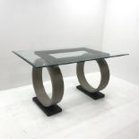 Oka glass top dining table, sculptured circular mango wood supports on plinth base, W150cm, H78cm,