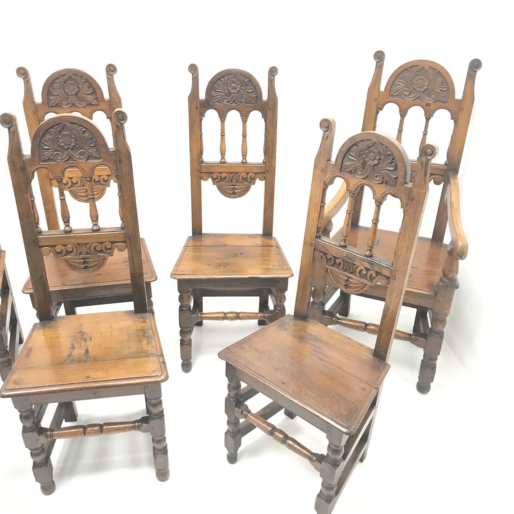 Set eight (6+2) early 20th century oak dining chairs, floral carved cresting rail, solid seat, turn - Image 4 of 5