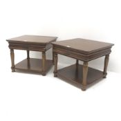 Pair cherry wood side tables, single drawer, turned supports joined by solid undertier, W60cm, H49c