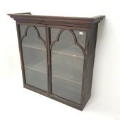 19th century stained pine bookcase top, fitted with two gothic astragal glazed doors, W113cm, D38cm