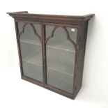 19th century stained pine bookcase top, fitted with two gothic astragal glazed doors, W113cm, D38cm