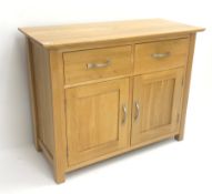 Light oak sideboard, two drawers above two cupboards, W98cm, H77cm, D43cm