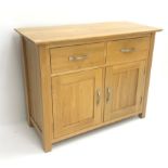 Light oak sideboard, two drawers above two cupboards, W98cm, H77cm, D43cm