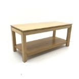 Light oak two tier coffee table, tapering supports, W110cm, H50cm, D51cm