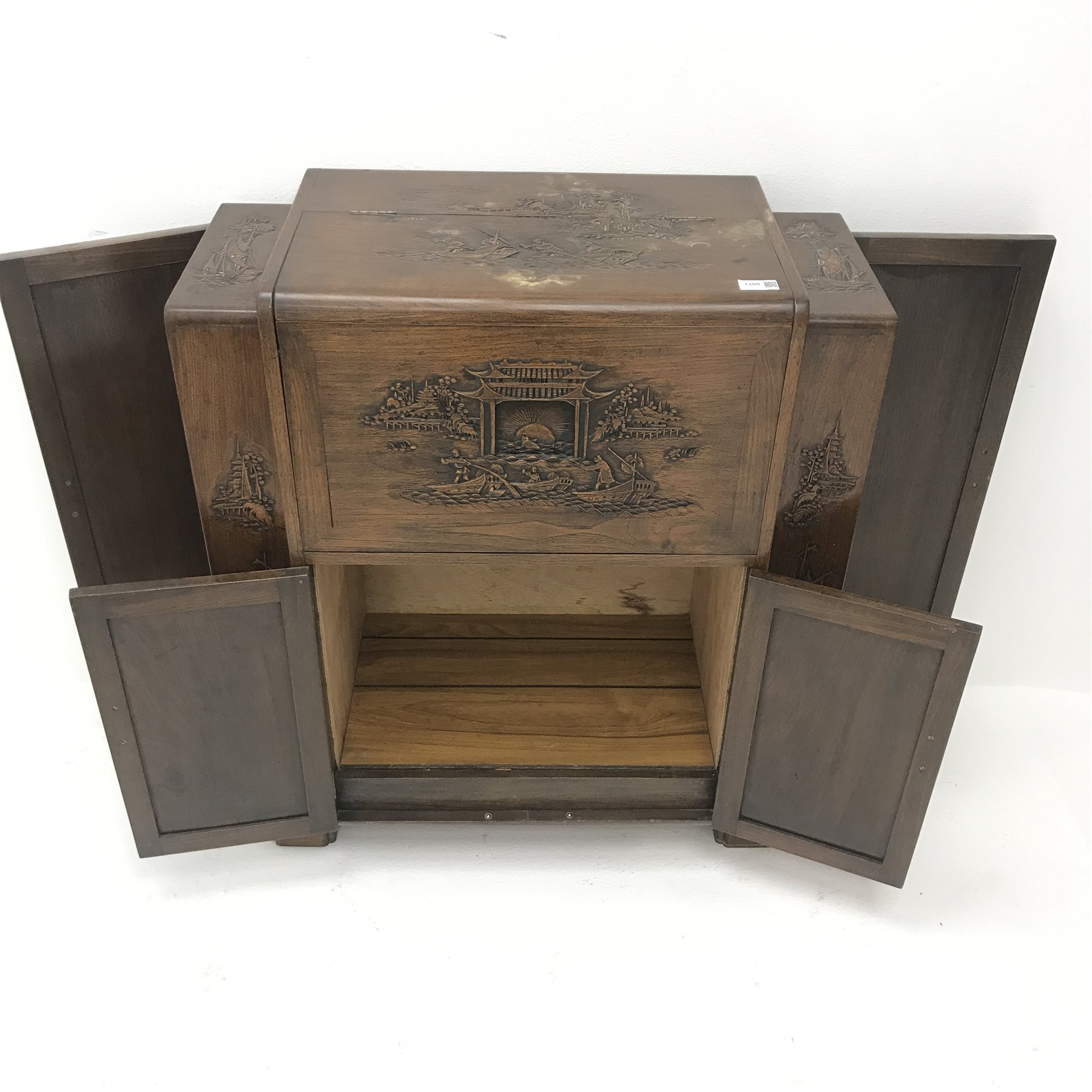 Eastern carved rosewood cocktail cabinet, double hinged lid enclosing mirrored back, four cupboard - Image 5 of 6