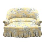 20th century French style two seat settee, serpentine seat and curved back, pleated skirt, upholster