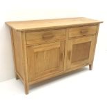 Light oak sideboard/dresser, two drawers above two cupboards, stile end supports, W125cm, H80cm, D4