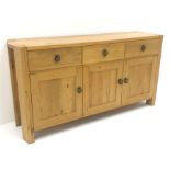 Light oak sideboard, three drawers above three cupboards, stile supports, W165cm, H86cm, D45cm