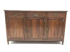 Edwardian walnut sideboard, three drawers above three cupboards with panelled doors, W153cm, H91cm,